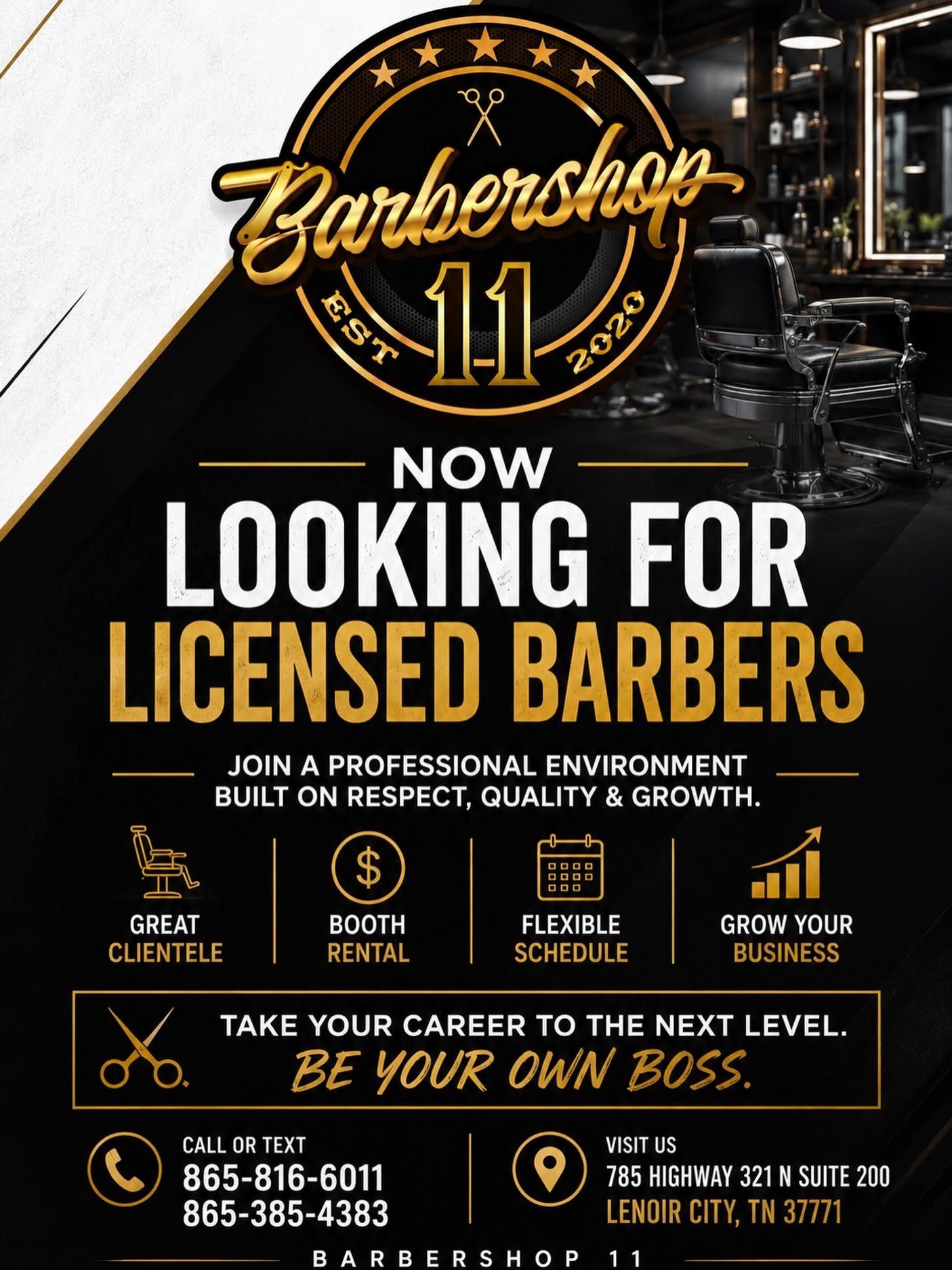 Barbershop 11 now hiring licensed barbers poster